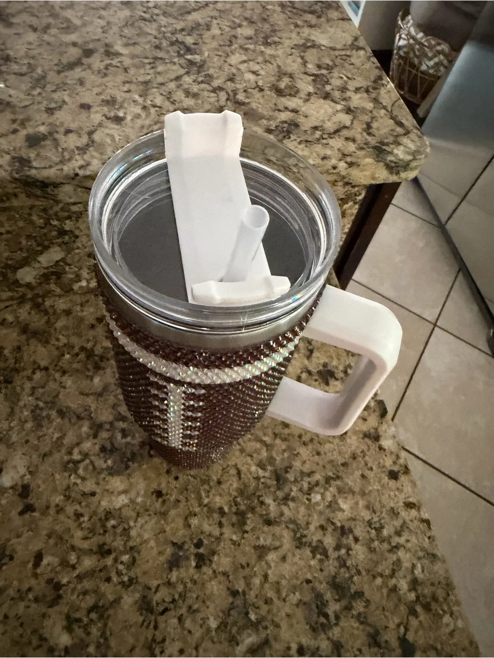 Rhinestone Football Tumbler with Handle - Brown